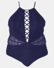 Lu-May Plus Halter Neck Lace Front One Piece Blue Photo