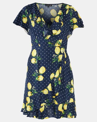 Photo of Smashed Lemon Lemon Print Wrap Dress Navy