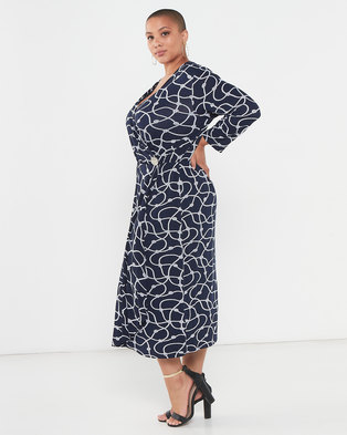 Photo of Queenspark Plus Collection Cross Over Printed Knit Dress Navy