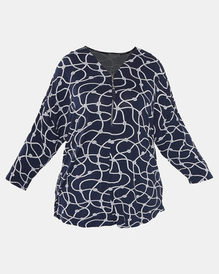 Photo of Queenspark Plus Collection Printed Knit Top With Zip & Slider Navy