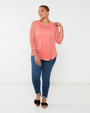 Photo of Queenspark Plus Collection Layered Burnout Knit Top Coral