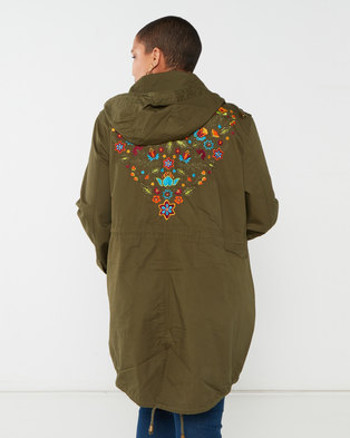 Photo of Brave Soul Plus Embroidered Hooded Parka Khaki/ Multi