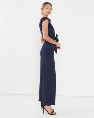Photo of QUIZ Scuba Crepe Lace Frill Sleeve Palazzo Jumpsuit Navy