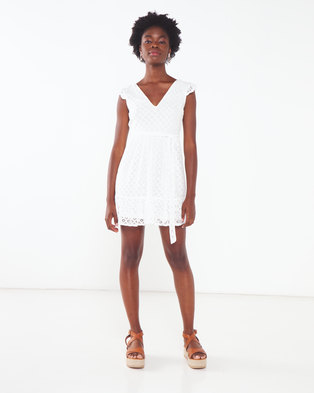 Photo of London Hub Fashion Geometric Lace V Neck Frill Detail Mini Dress White