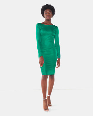 Photo of City Goddess London Emerald Long Sleeved Fitted Midi Dress with Zip Detail