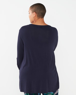 Photo of Queenspark Plus Collection Plain Henley Knit Top With Fancy Buttons Navy