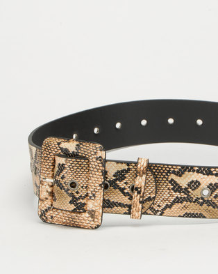 Photo of All Heart Snake Skin Rectangle Buckle Waist Belt Beige