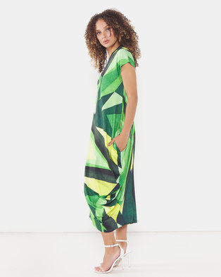 Photo of Michelle Ludek Geo Print Sarah Ruched Front Midi Dress Green