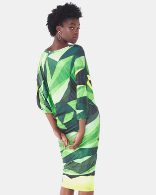 Photo of Michelle Ludek Zebra Geo Print Off Shoulder Midi Dress Green