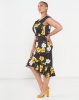 QUIZ Curves Floral Bardot Midi Dress Black/Yellow Photo