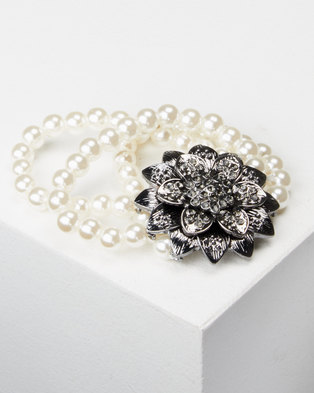 Photo of Queenspark 3 Row Pearl & Flower Bracelet White