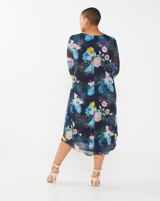 Photo of Queenspark Plus Collection Floral Printed Mesh Overlay Knit Dress Navy