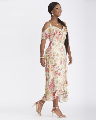 Photo of Contempo Multi Floral Printed Frill Wrap Dress Stone