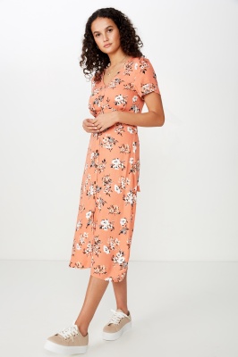 Photo of Cotton On Women - Woven Cherry Button Front S/S Midi Dress - Karla floral apricot brandy