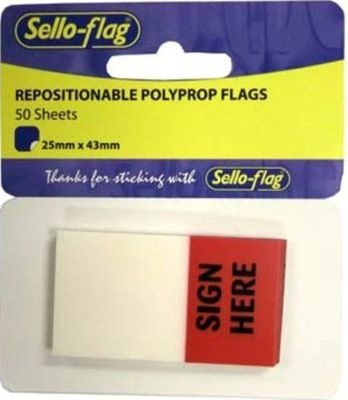 Photo of Sellotape Sello-Flag Repositionable Polypropylene Tabs: Sign Here - 50 Sheets
