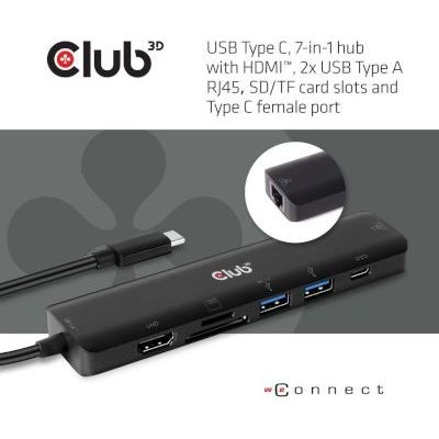 Photo of CLUB3D USB type C 7in1 Hub HDMI 4K60Hz SD TF Card slot 2x USB Type A USB Type C PD RJ45 Works with Thunderbolt 3
