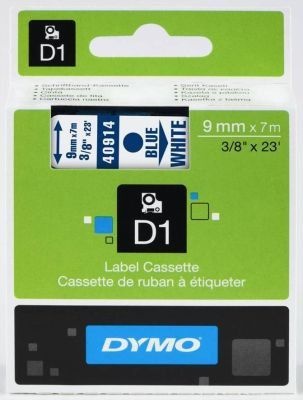 Photo of Dymo D1 Standard 9mm x 7m Blue on White Label Cassette