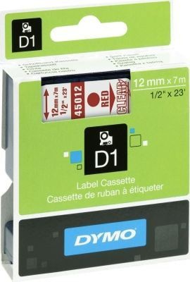 Photo of Dymo D1 Standard 12mm x 7m Red on Clear Label Cassette