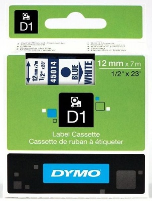 Photo of Dymo D1 Standard 12mm x 7m Blue on White Label Cassette