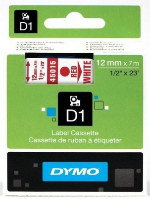 Photo of Dymo D1 Standard 12mm x 7m Red on White Label Cassette