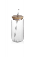 Beer Can Shaped Glass Bottle with Bamboo Lid and Clear Glass Straw 550ml