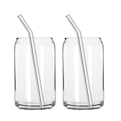 Can Shaped Drinking Glass with Clear Bent Glass Straw Set of 2