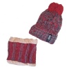 Pom Pom Beanie and Scarf Set - Red with Peach Trim Photo