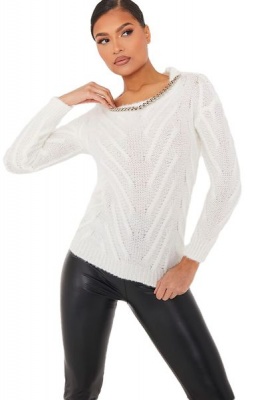 Photo of I Saw it First - Ladies Cream Super Soft Crew Neck Jumper With Chain Detail