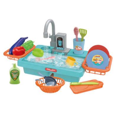 Pretend Dishwashing Sink Set with Dishes Toddler Kitchen Toy Blue