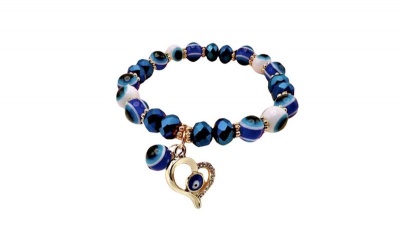 Glass Evil Eye Bracelet with Gold Heart and Rhinestone Design