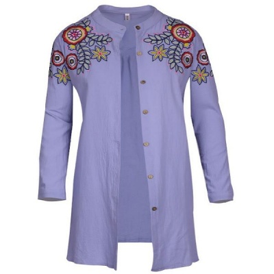Women Blue Cotton Long Sleeve Mandarin collar Shirt with Embroidery Detail