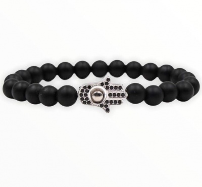 Photo of Argent Craft Black Matte Agate Stone Bracelet with Silver Hamsa Hand