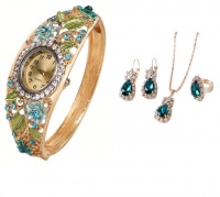 Rhinestone Flower Analogue Watch Necklace Earrings and Ring Set Combo
