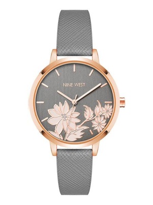 Nine West Womens Saffiano Strap Watch Floral Dial Grey Rose Gold