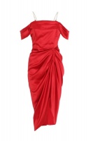 Quiz Ladies Red Satin Ruched Cold Shoulder Midi Dress