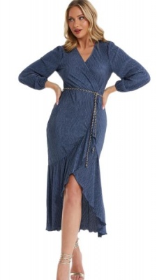 Quiz Ladies Blue Textured Long Sleeve Midi Dress