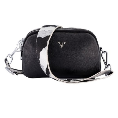 Luxcases Jetsetter Black Leather Crossbody Bag Black Silver White Camo Strap