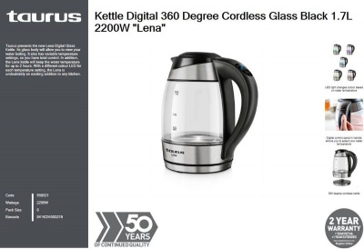 Taurus Kettle Digital 360 Degree Cordless Glass Black 17L 2200W Lena