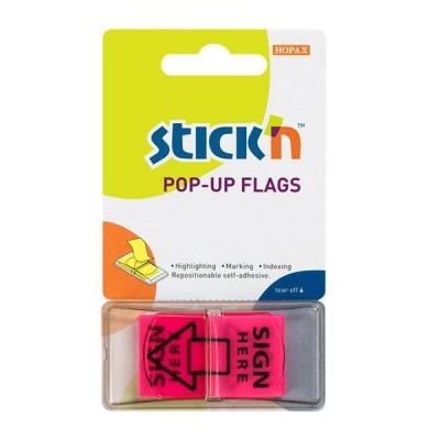 Photo of Stick n Stick'n Pop Up Neon Pink Printed Sign Here Flags 45x25mm - 50 per pad