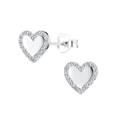 Beautiful Heart 925 Sterling Silver Stud Earrings with CZ Halo