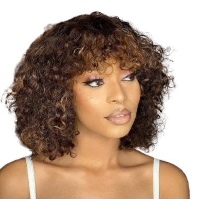 Brazilian Curly Fringe Wig Brown Highlight Wig