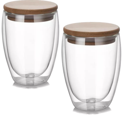 Love Of Pretty Double Walled Glass Mugs with Bamboo Lid 350ml capacity Set of 2