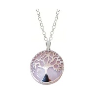 Womens Rose Quartz Gemstone Stainless steel Tree of Life Pendant Necklace