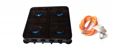 Black 4 Plate Gas Stove with Fittings for 3kg gas cylinder