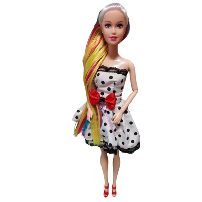 Doll with Colored Hair – Black White Polka Dot Dress