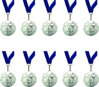 Medals Soccer Silver with Blue Ribbon Pack of 10