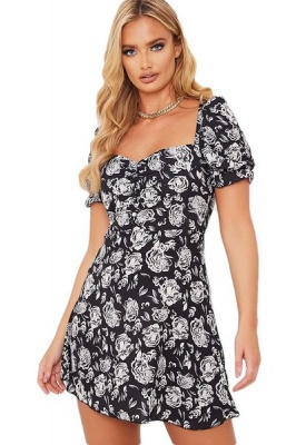 Photo of I Saw it First - Ladies Black Woven Floral Print Puff Sleeve Tea Dress