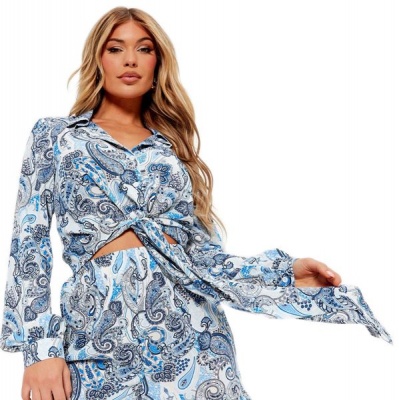 I Saw it First Ladies Blue Paisley Printed Tie Front Crop Blouse Co Ord
