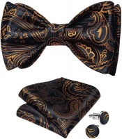Mens Silk Bow Tie Cufflinks And Pocket Square Set In Black And Gold