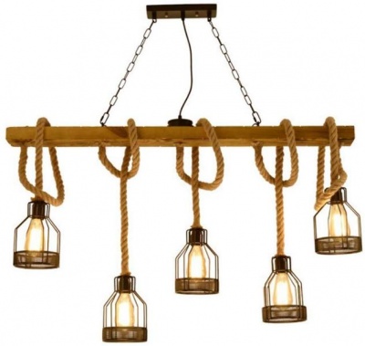 Photo of JNC -Retro Hemp Rope Wood Style Pendant Lamp 5 Lights
